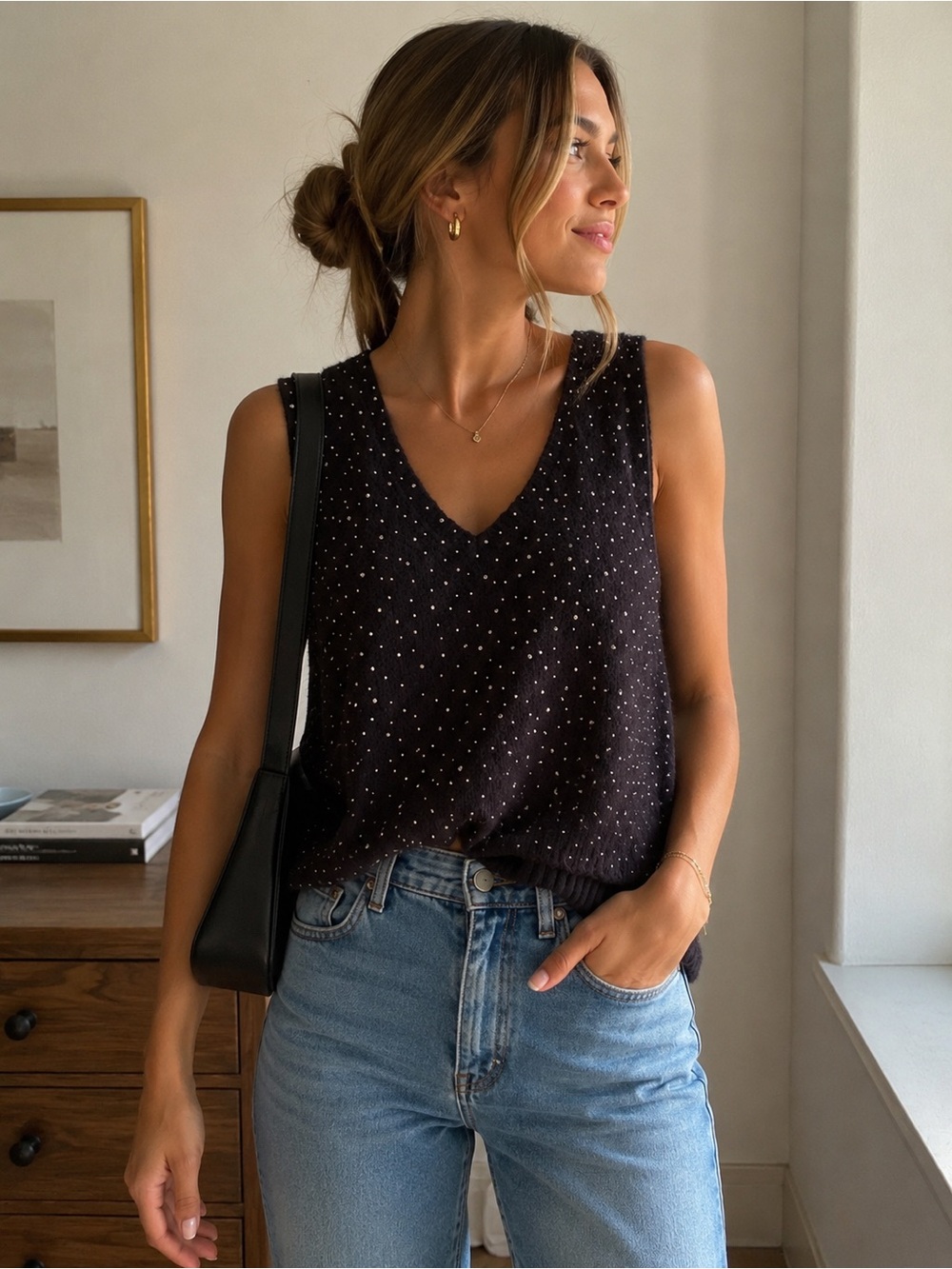 J. Crew Black V-Neck Sleeveless Studded Sweater Tank Top